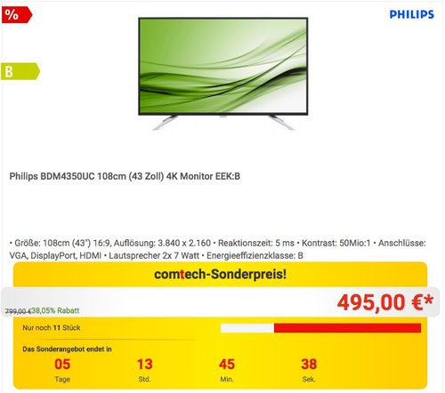 Philips BDM4350UC 108cm (43 Zoll) 4K Monitor - jetzt 13% billiger Philips BDM4350UC 108cm (43 Zoll) 4K Monitor - jetzt 13% billiger