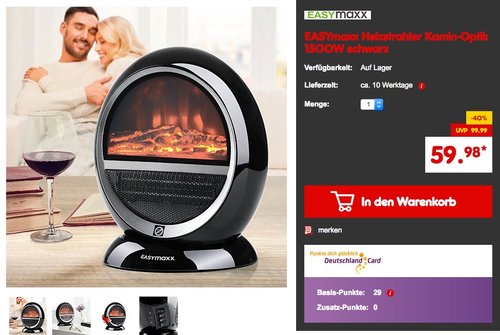 EASYmaxx Heizstrahler Kamin-Optik 1500W schwarz - jetzt 14% billiger EASYmaxx Heizstrahler Kamin-Optik 1500W schwarz - jetzt 14% billiger