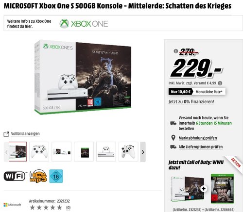 MICROSOFT Xbox One S 500GB Konsole - Mittelerde: Schatten des Krieges - jetzt 15% billiger