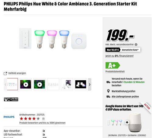 Philips Hue White and Color Ambiance Starter Kit E27  - jetzt 24% billiger Philips Hue White and Color Ambiance Starter Kit E27  - jetzt 24% billiger