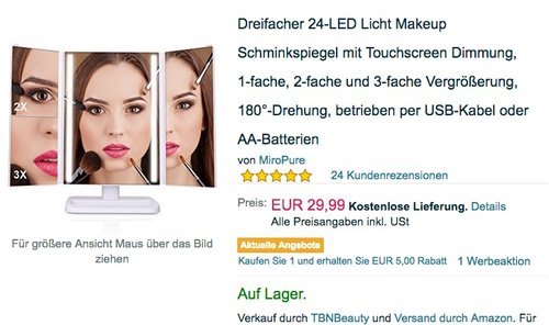 Dreifacher 24-LED Licht Makeup Schminkspiegel mit Touchscreen Dimmung - jetzt 33% billiger