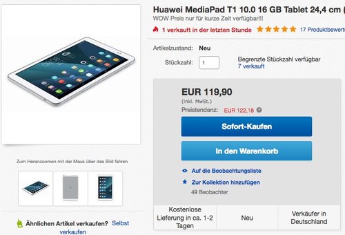 Huawei MediaPad T1 10.0 16 GB Tablet 24,4 cm (9,6 Zoll) - jetzt 11% billiger Huawei MediaPad T1 10.0 16 GB Tablet 24,4 cm (9,6 Zoll) - jetzt 11% billiger