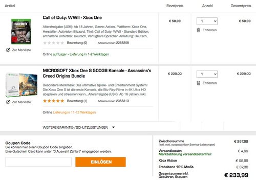 Xbox One S 500GB Konsole - Assassinss Creed Origins Bundle + Call of Duty: WWII - jetzt 18% billiger