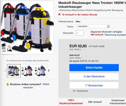 Masko Industrie Nass & Trocken Staubsauger - jetzt 28% billiger