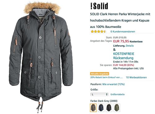 SOLID Clark Herren Parka Winterjacke - jetzt 32% billiger