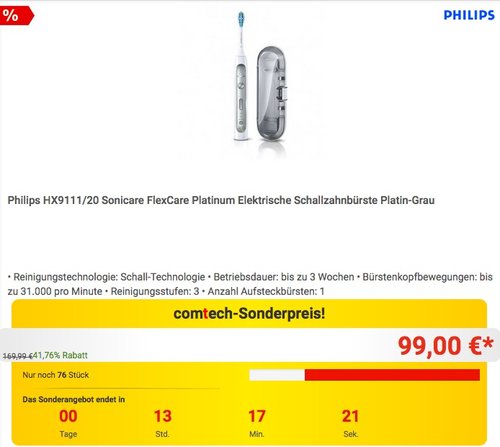 Philips HX9111/20 Sonicare FlexCare Platinum Elektrische Schallzahnbürste - jetzt 15% billiger Philips HX9111/20 Sonicare FlexCare Platinum Elektrische Schallzahnbürste - jetzt 15% billiger