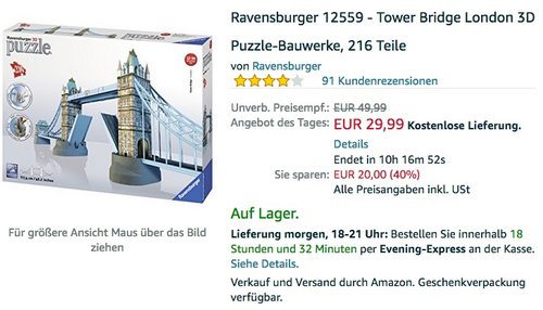 Ravensburger 12559 - Tower Bridge London 3D Puzzle - jetzt 17% billiger
