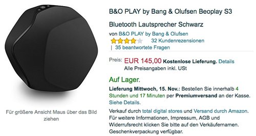 B&O PLAY by Bang & Olufsen Beoplay S3 Bluetooth Lautsprecher - jetzt 14% billiger