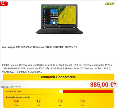 Acer Aspire ES1-533-P86B Notebook - jetzt 9% billiger Acer Aspire ES1-533-P86B Notebook - jetzt 9% billiger