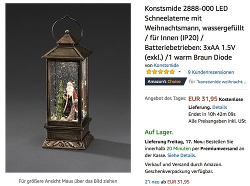 Konstsmide LED Schneelaterne mit Weihnachtsmann - jetzt 20% billiger