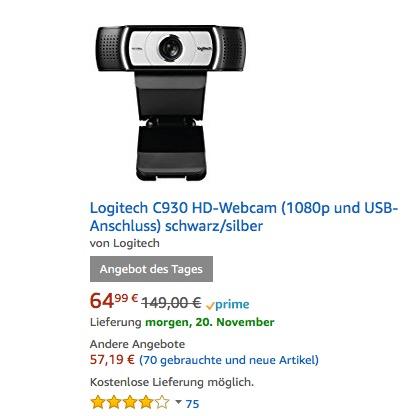 Logitech C930 HD-Webcam - jetzt 21% billiger