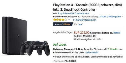 PlayStation 4 - Konsole (500GB, schwarz, slim) inkl. 2. DualShock Controller - jetzt 8% billiger