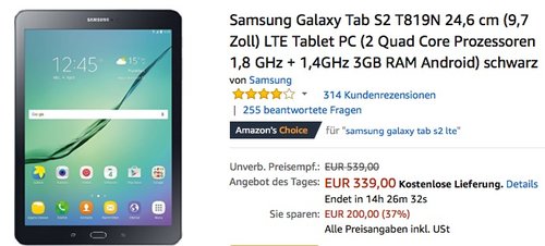 Samsung Galaxy Tab S2 (T819N) 9,7 Zoll LTE Tablet PC 32 GB - jetzt 12% billiger Samsung Galaxy Tab S2 (T819N) 9,7 Zoll LTE Tablet PC 32 GB - jetzt 12% billiger