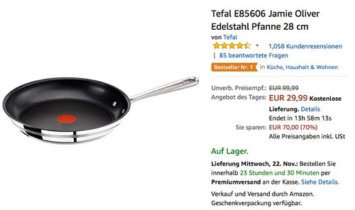 Tefal E85606 Jamie Oliver Edelstahl Pfanne (28 cm) - jetzt 19% billiger Tefal E85606 Jamie Oliver Edelstahl Pfanne (28 cm) - jetzt 19% billiger