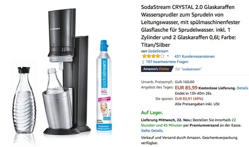 SodaStream CRYSTAL 2.0 Wassersprudler inkl. 1 Zylinder und 2 Glaskaraffen 0,6l - jetzt 16% billiger