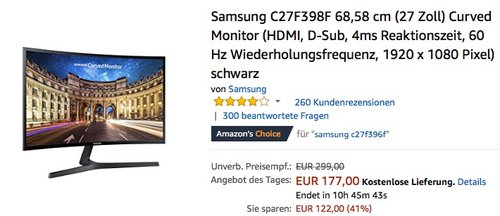 Samsung C27F398F 68,58 cm (27 Zoll) Curved Monitor - jetzt 16% billiger