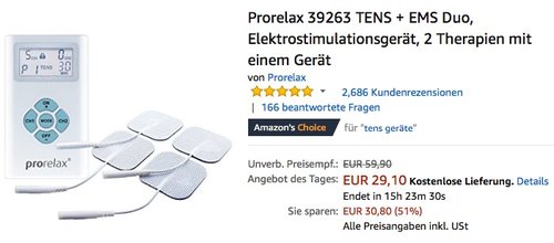 Prorelax 39263 TENS + EMS Duo Elektrostimulationsgerät - jetzt 25% billiger