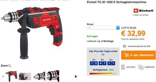 Einhell TC-ID 1000 E Schlagbohrmaschine - jetzt 26% billiger Einhell TC-ID 1000 E Schlagbohrmaschine - jetzt 26% billiger