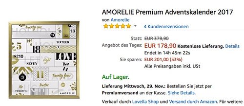 AMORELIE Premium Adventskalender 2017 - jetzt 22% billiger AMORELIE Premium Adventskalender 2017 - jetzt 22% billiger