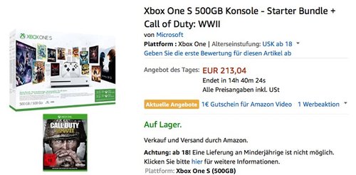 Xbox One S 500GB Konsole + Call of Duty: WWII - jetzt 14% billiger