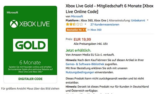 Xbox Live Gold - Mitgliedschaft 6 Monate - jetzt 39% billiger