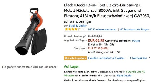 Black+Decker 3-in-1 Set Elektro-Laubsauger, Metall-Häckslerrad GW3030 - jetzt 16% billiger