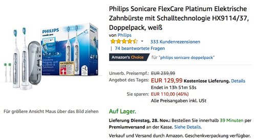 Philips Schallzahnbürste HX9114/37 Sonicare Platinum Zahnbürste Doppelpack - jetzt 26% billiger Philips Schallzahnbürste HX9114/37 Sonicare Platinum Zahnbürste Doppelpack - jetzt 26% billiger