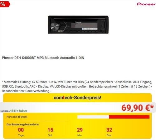 Pioneer DEH-S4000BT MP3 Bluetooth Autoradio - jetzt 22% billiger