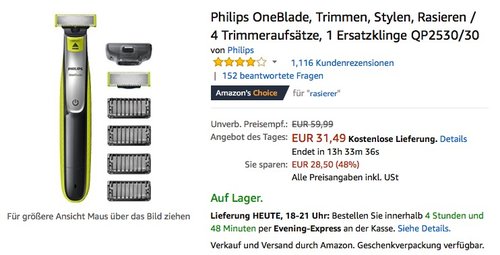 Philips OneBlade, Trimmen, Stylen, Rasieren / 4 Trimmeraufsätze, 1 Ersatzklinge - jetzt 16% billiger Philips OneBlade, Trimmen, Stylen, Rasieren / 4 Trimmeraufsätze, 1 Ersatzklinge - jetzt 16% billiger