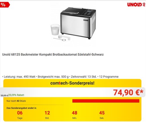 Unold 68125 Backmeister Kompakt Brotbackautomat - jetzt 17% billiger Unold 68125 Backmeister Kompakt Brotbackautomat - jetzt 17% billiger