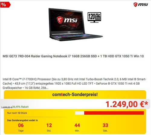 MSI GE73 7RD-004 Raider Gaming Notebook - jetzt 22% billiger