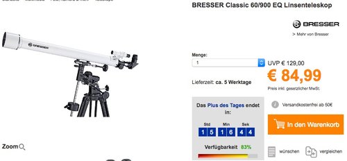 BRESSER Classic 60/900 EQ Linsenteleskop - jetzt 19% billiger BRESSER Classic 60/900 EQ Linsenteleskop - jetzt 19% billiger