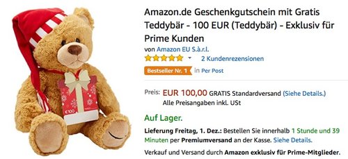 Amazon.de 100 EUR Geschenkgutschein mit Gratis Teddybär  - Exklusiv für Prime Kunden  - jetzt 0% billiger