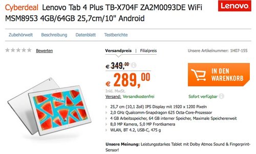 Lenovo Tab4 10 Plus ZA2M0093DE 25,65 cm (10,1 Zoll Full HD IPS Touch) Tablet-PC - jetzt 17% billiger