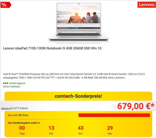 Lenovo IdeaPad 710S-13ISK 80SW003MGE Notebook i5-6200U 4GB 256GB SSD - jetzt 13% billiger