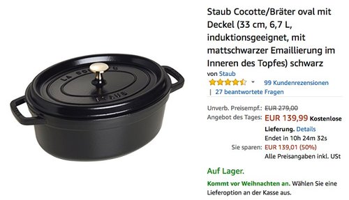 Staub Cocotte/Bräter oval mit Deckel 33 cm, 6,7 L - jetzt 21% billiger Staub Cocotte/Bräter oval mit Deckel 33 cm, 6,7 L - jetzt 21% billiger
