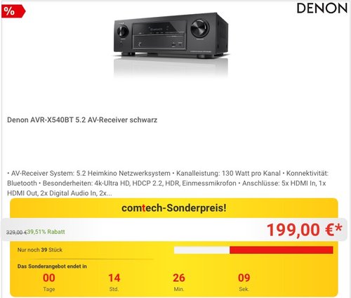 Denon AVR-X540BT 5.2 AV-Receiver - jetzt 9% billiger Denon AVR-X540BT 5.2 AV-Receiver - jetzt 9% billiger