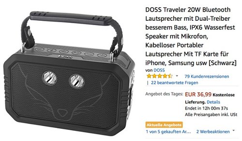DOSS Traveler 20W Bluetooth Lautsprecher - jetzt 26% billiger DOSS Traveler 20W Bluetooth Lautsprecher - jetzt 26% billiger