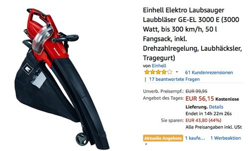 Einhell Elektro Laubsauger Laubbläser GE-EL 3000 E - jetzt 20% billiger Einhell Elektro Laubsauger Laubbläser GE-EL 3000 E - jetzt 20% billiger