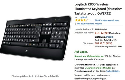 Logitech K800 Wireless Illuminated Tastatur Keyboard - jetzt 18% billiger