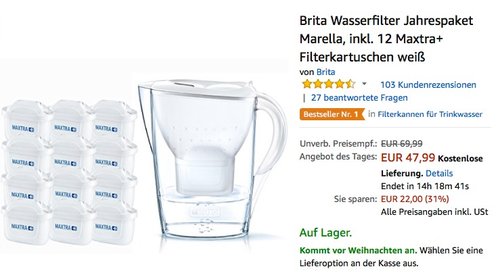 Brita Wasserfilter Jahrespaket Marella, inkl. 12 Maxtra+ Filterkartuschen - jetzt 17% billiger Brita Wasserfilter Jahrespaket Marella, inkl. 12 Maxtra+ Filterkartuschen - jetzt 17% billiger