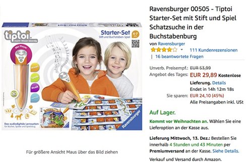 Ravensburger 00505 - Tiptoi Starter-Set mit Stift und Spiel Schatzsuche in der Buchstabenburg - jetzt 19% billiger