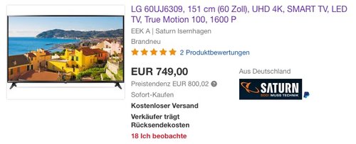 LG 60UJ6309, 151 cm (60 Zoll), UHD 4K, SMART TV - jetzt 22% billiger LG 60UJ6309, 151 cm (60 Zoll), UHD 4K, SMART TV - jetzt 22% billiger