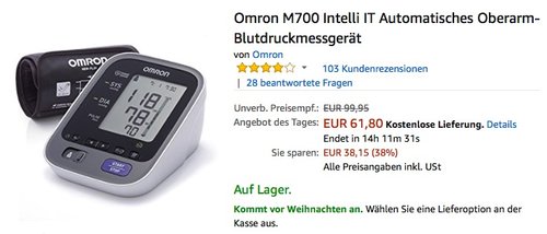 Omron M700 Intelli IT Automatisches Oberarm-Blutdruckmessgerät - jetzt 18% billiger Omron M700 Intelli IT Automatisches Oberarm-Blutdruckmessgerät - jetzt 18% billiger