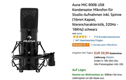 Auna MIC-900B USB Kondensator Mikrofon für Studio-Aufnahmen inkl. Spinne - jetzt 20% billiger Auna MIC-900B USB Kondensator Mikrofon für Studio-Aufnahmen inkl. Spinne - jetzt 20% billiger