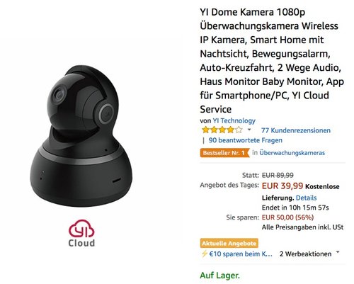 YI Dome Kamera 1080p Überwachungskamera Wifi IP Kamera - jetzt 22% billiger