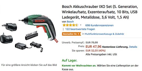 Bosch Akkuschrauber IXO Set 5 Generation, Winkelaufsatz, Exzenteraufsatz, 10 Bit - jetzt 17% billiger Bosch Akkuschrauber IXO Set 5 Generation, Winkelaufsatz, Exzenteraufsatz, 10 Bit - jetzt 17% billiger