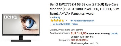 BenQ EW2775ZH 68,58 cm (27 Zoll) Eye-Care Monitor - jetzt 16% billiger