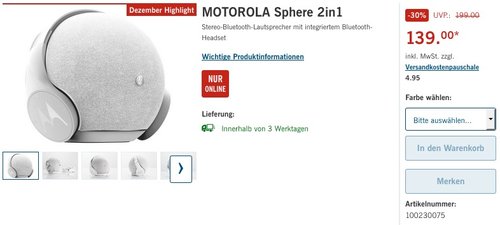 Motorola Sphere 2 in 1 Stereo Bluetooth Lautsprecher und Kopfhörer Set - jetzt 9% billiger