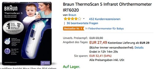 Braun ThermoScan 5 Infrarot Ohrthermometer IRT6020 - jetzt 19% billiger
